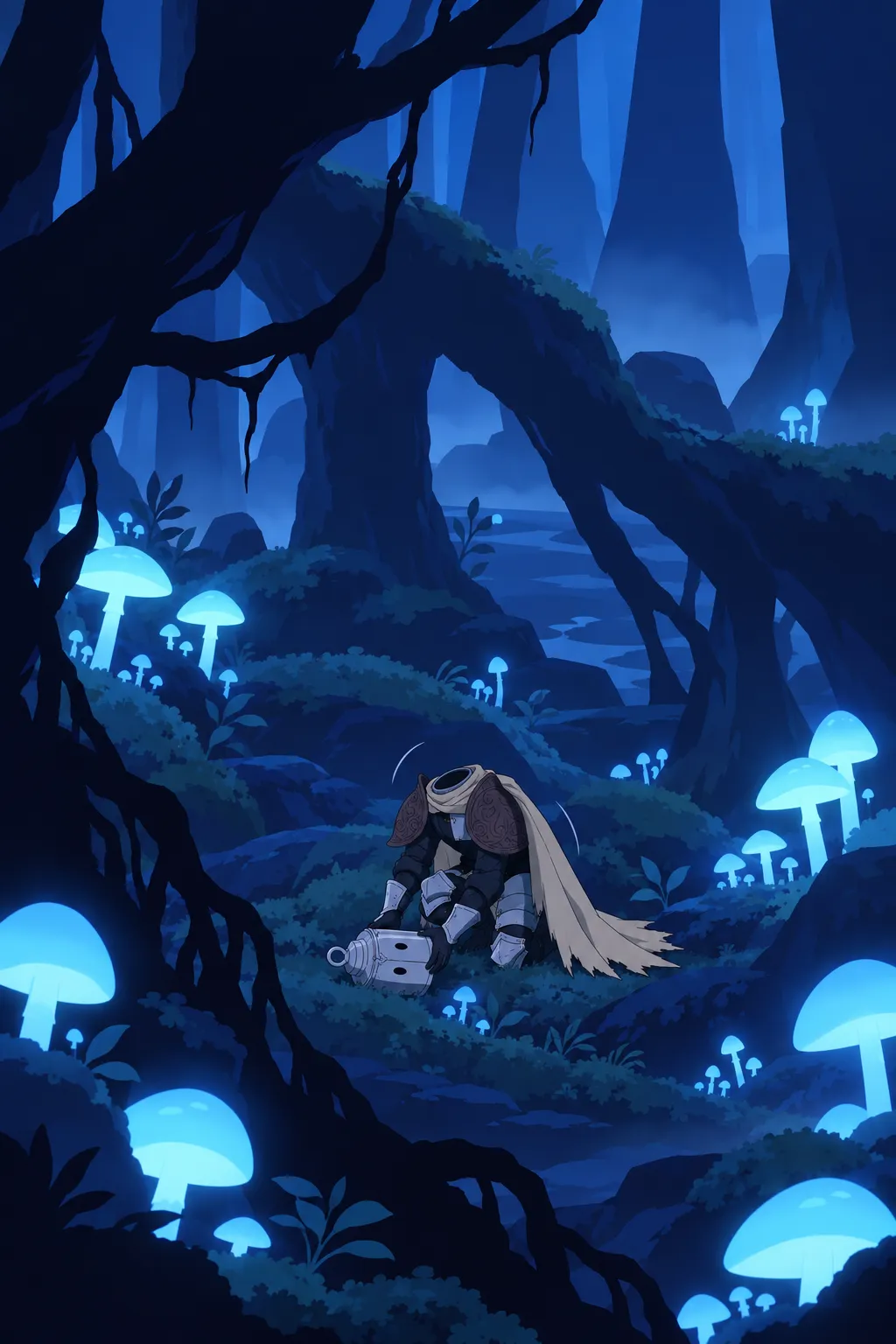 Wide shot among the roots and glowing mushrooms, Lanterne's small hunched silhouette bending down.