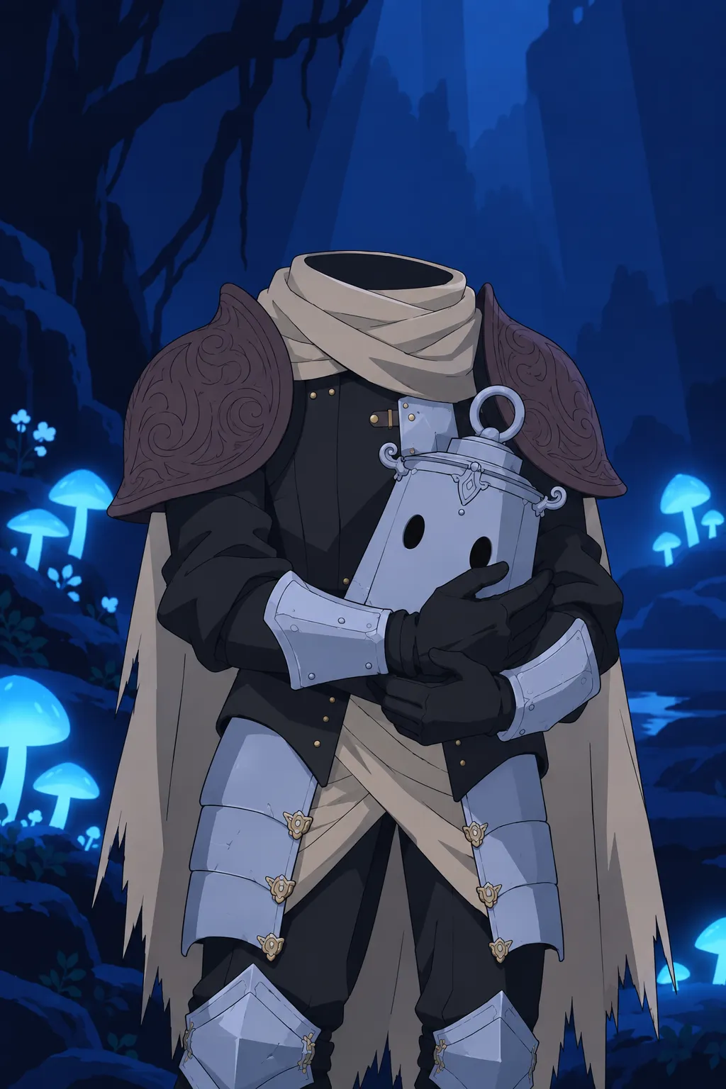Medium close up, the pale cylindrical helmet lifted clear off the ground, held firmly in the crook of Lanterne's arm against his chest.
