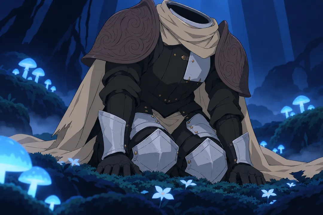 Extreme close up on the steel knee plates resting settled in the mossy ground, the beige cape pooled softly around them.