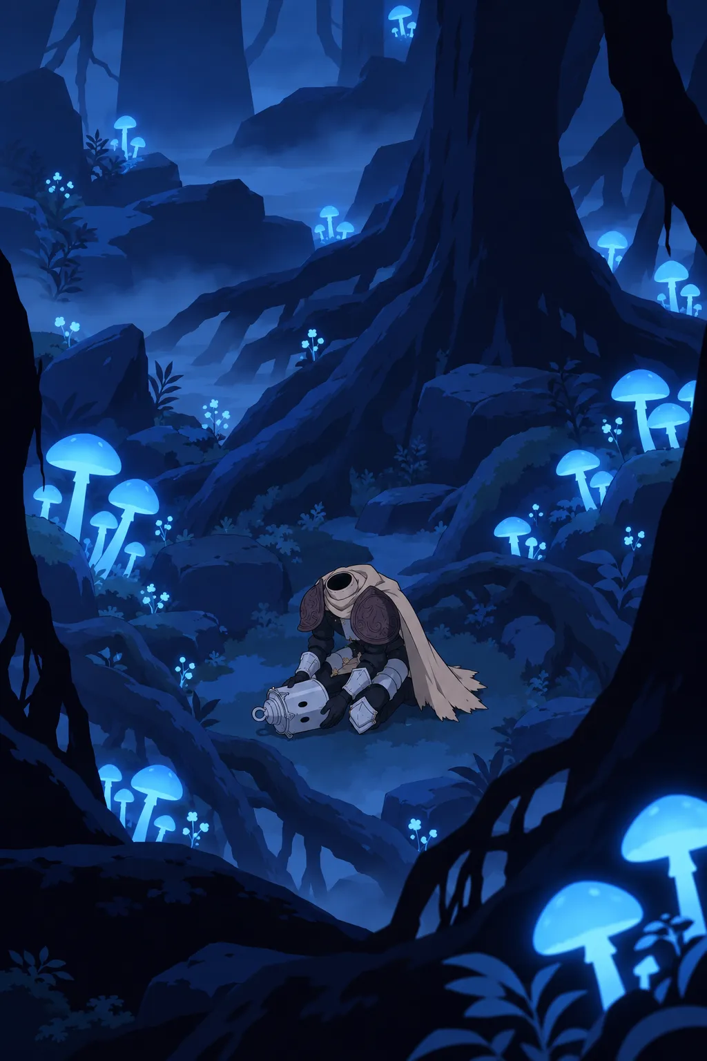 Wide shot among the roots and glowing mushrooms, Lanterne's whole small body now kneeling and bent low.