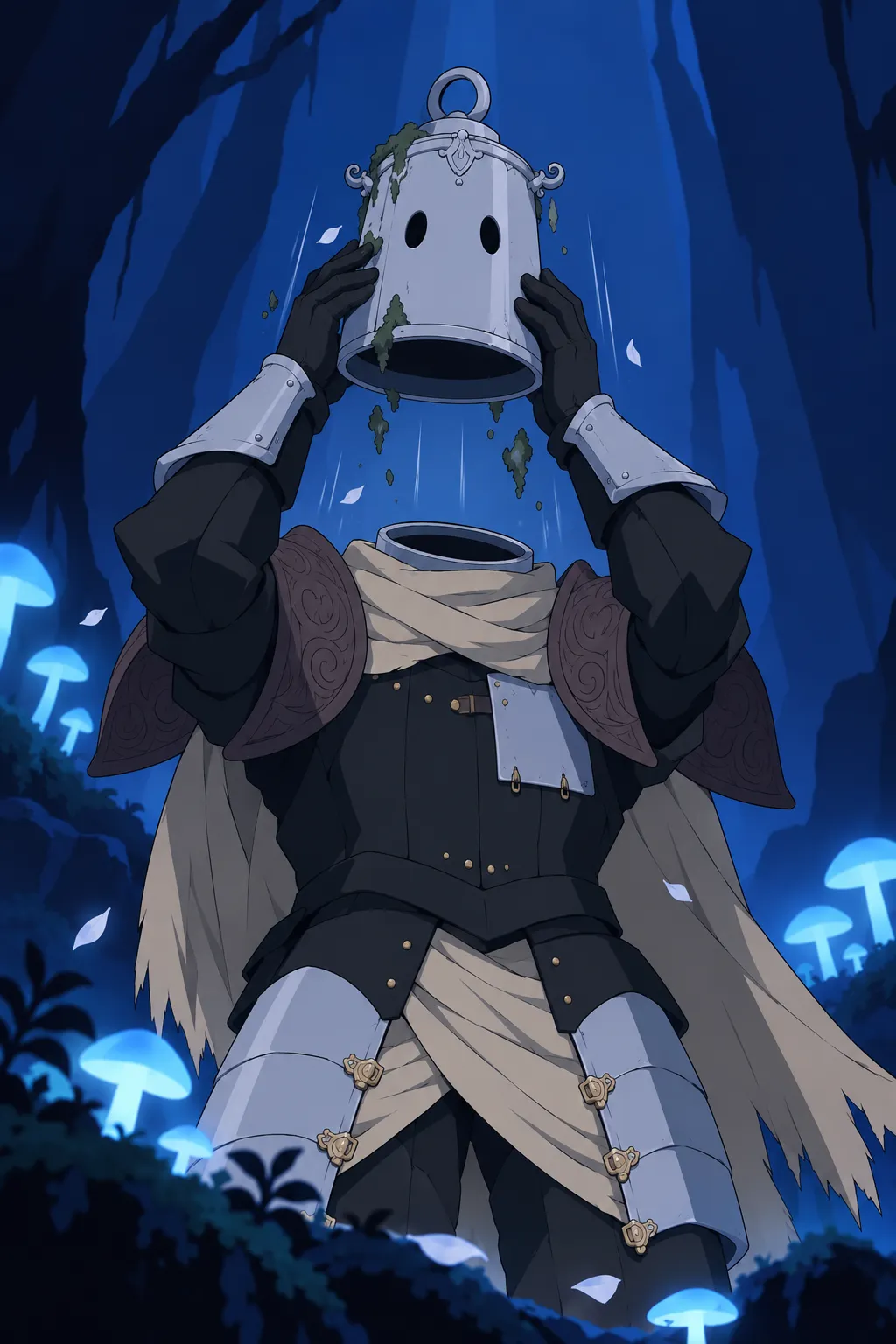 Close up from below, the pale cylindrical helmet lifted mid-air between his gauntlets.