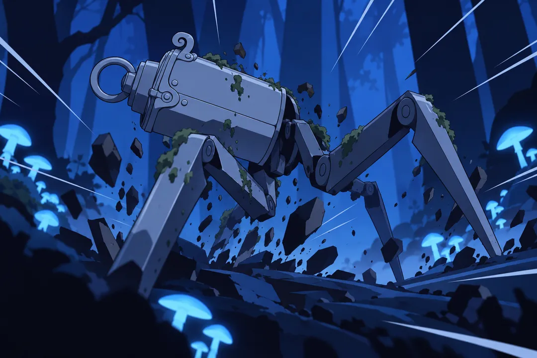 Extreme close up on the dark metallic object as thin jointed limbs snap outward from its body, moss and dirt falling off its surface.