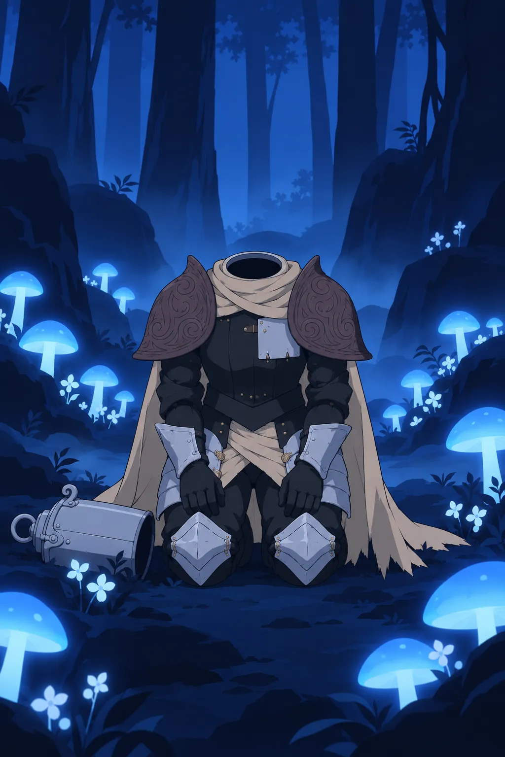 Medium shot, Lanterne kneeling perfectly still, hollow open neck, no helmet, facing the camera in the dim blue forest.