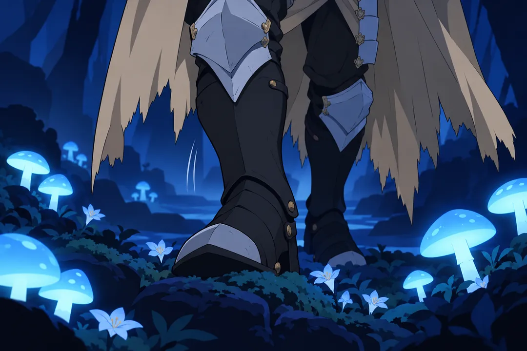 Low close shot on Lanterne's boots and the torn beige cape hem as he steps through moss and small blue flowers.