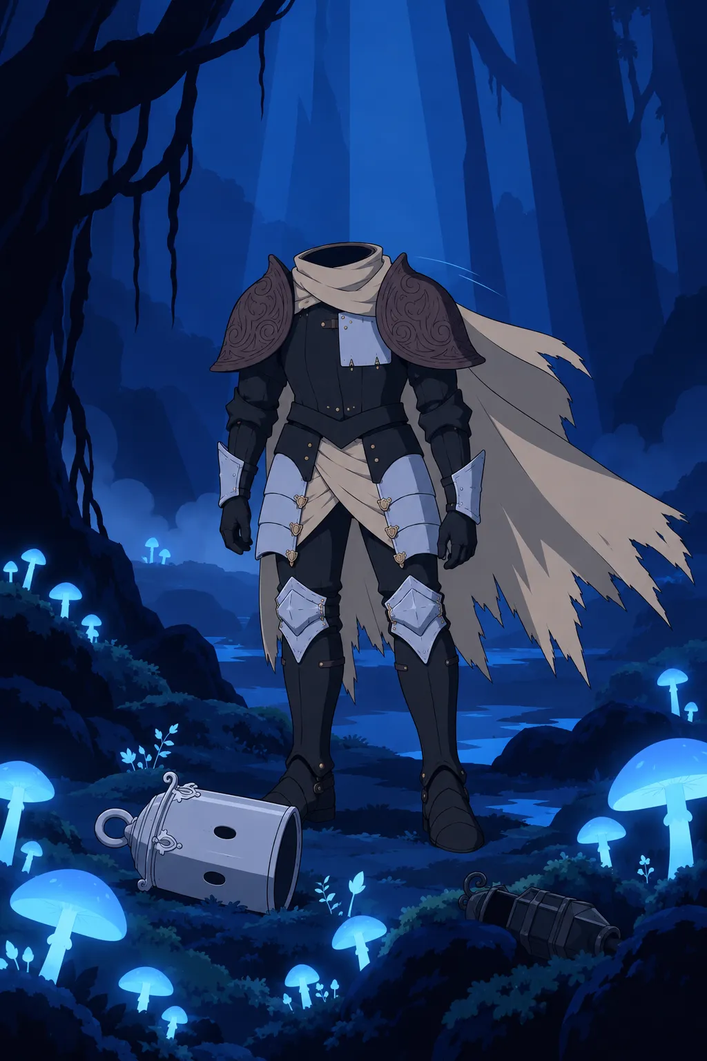 Wide shot of Lanterne standing facing the camera among glowing mushrooms and black trunks, his cape and scarf blown to one side.