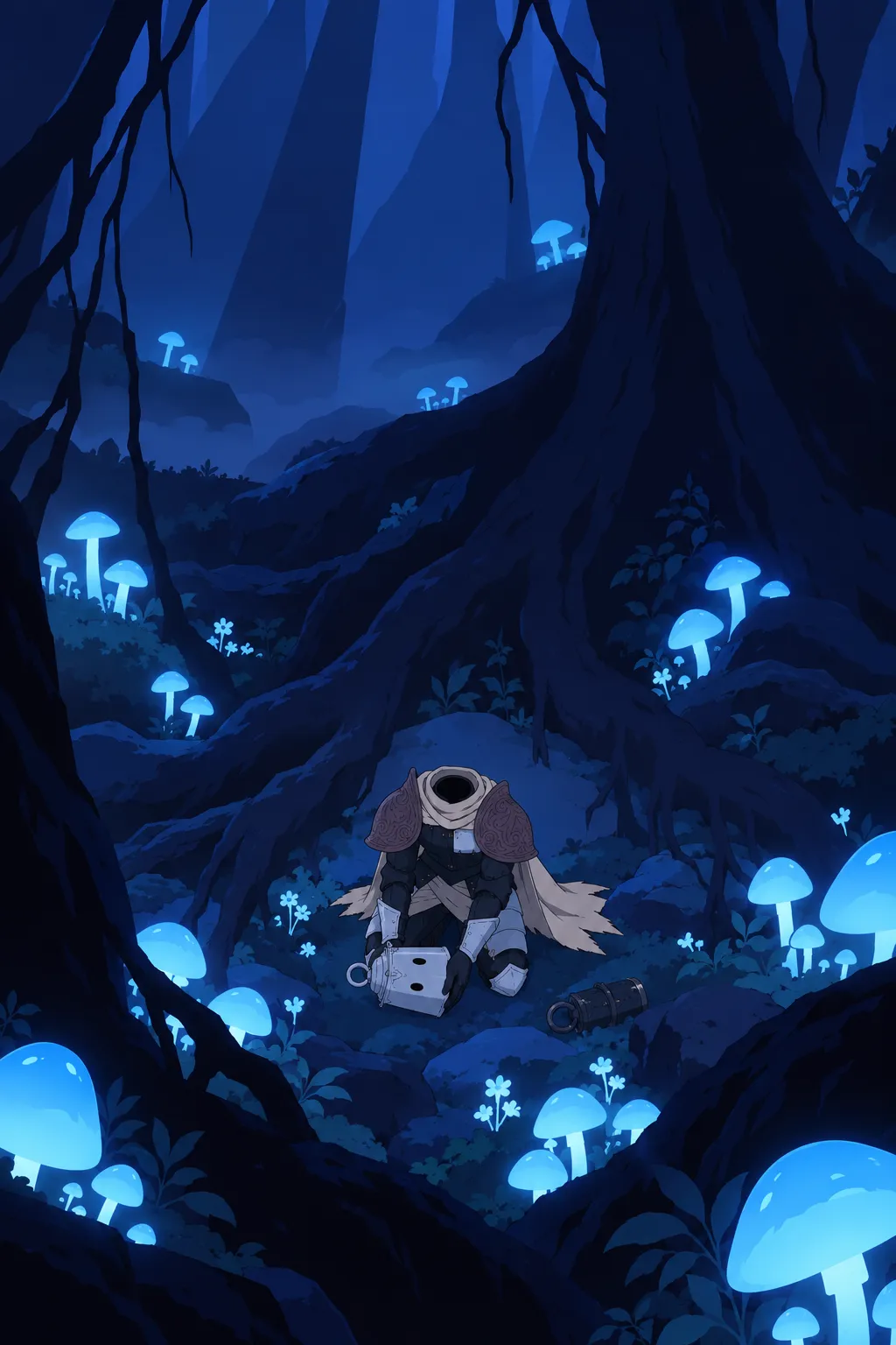 Wide shot showing Lanterne's whole small body kneeling among the massive roots and glowing mushrooms, head bowed forward.