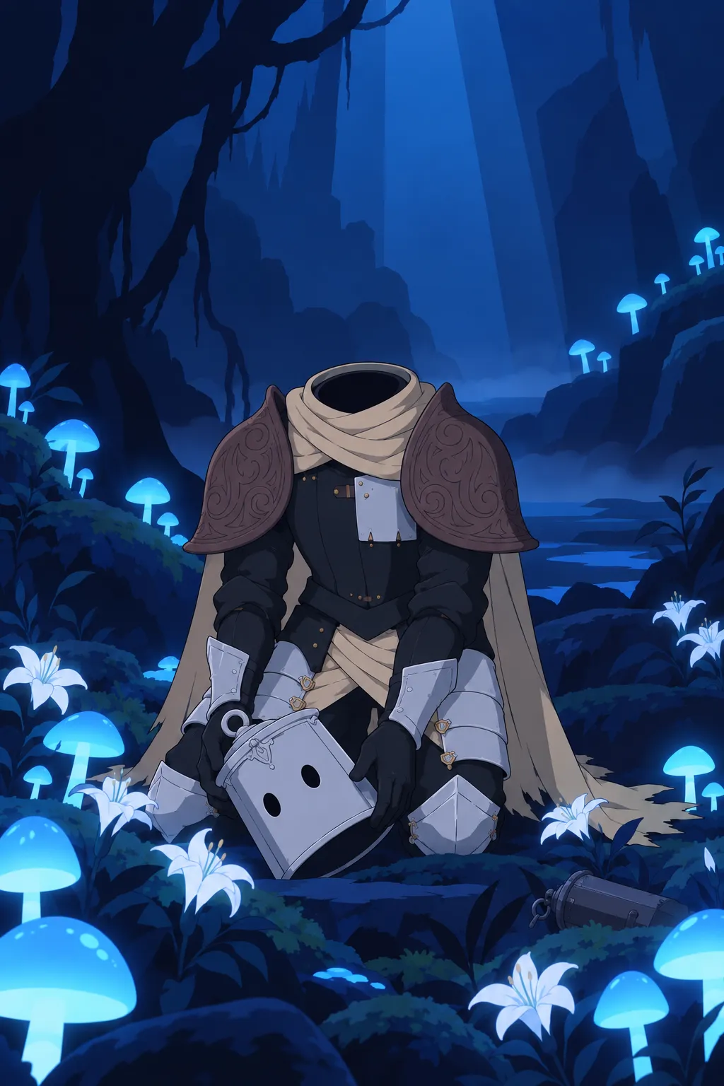 Medium close up on Lanterne kneeling among white flowers and glowing mushrooms.