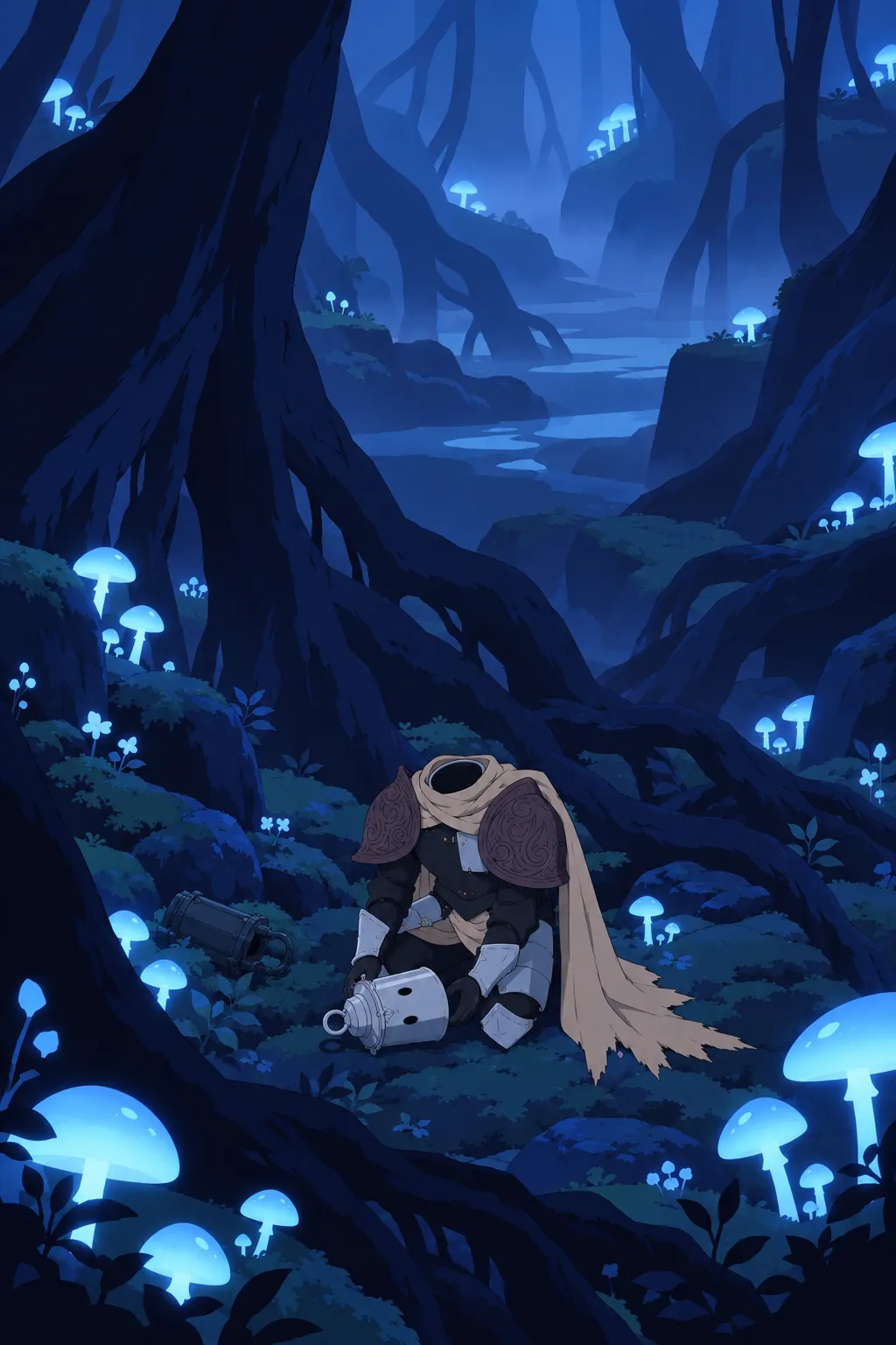 Wide shot from behind Lanterne, hunched forward and kneeling among towering roots and glowing mushrooms.