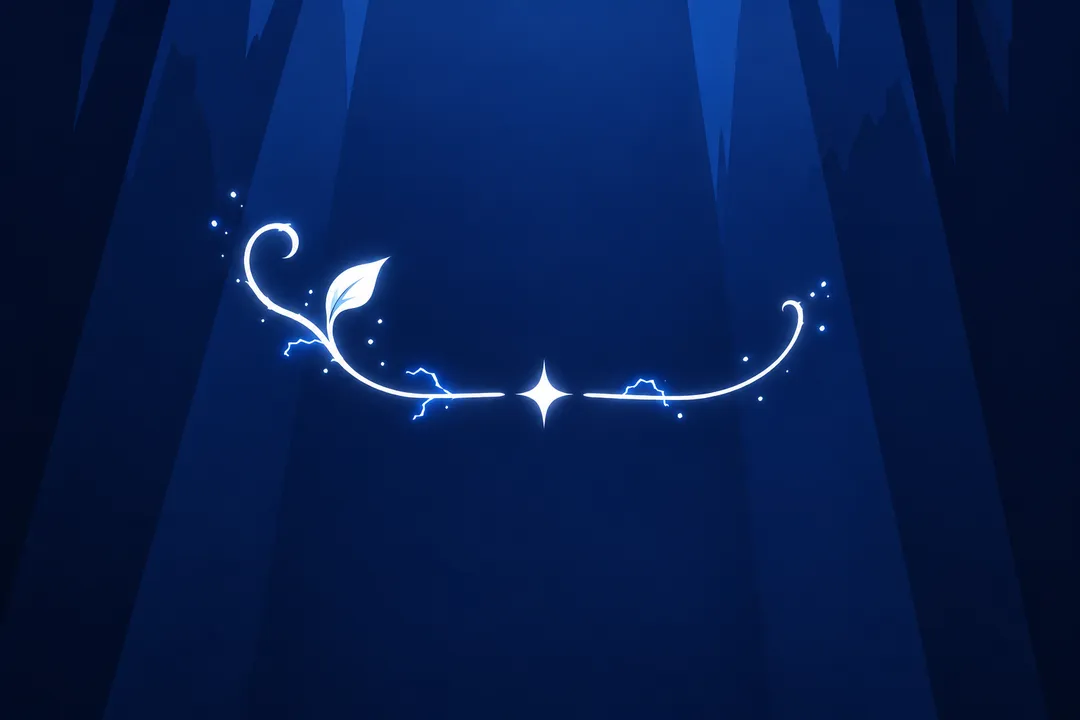A glowing white curling vine with a small leaf grows to the left of the star, while a thin curved decorative line extends to its right.