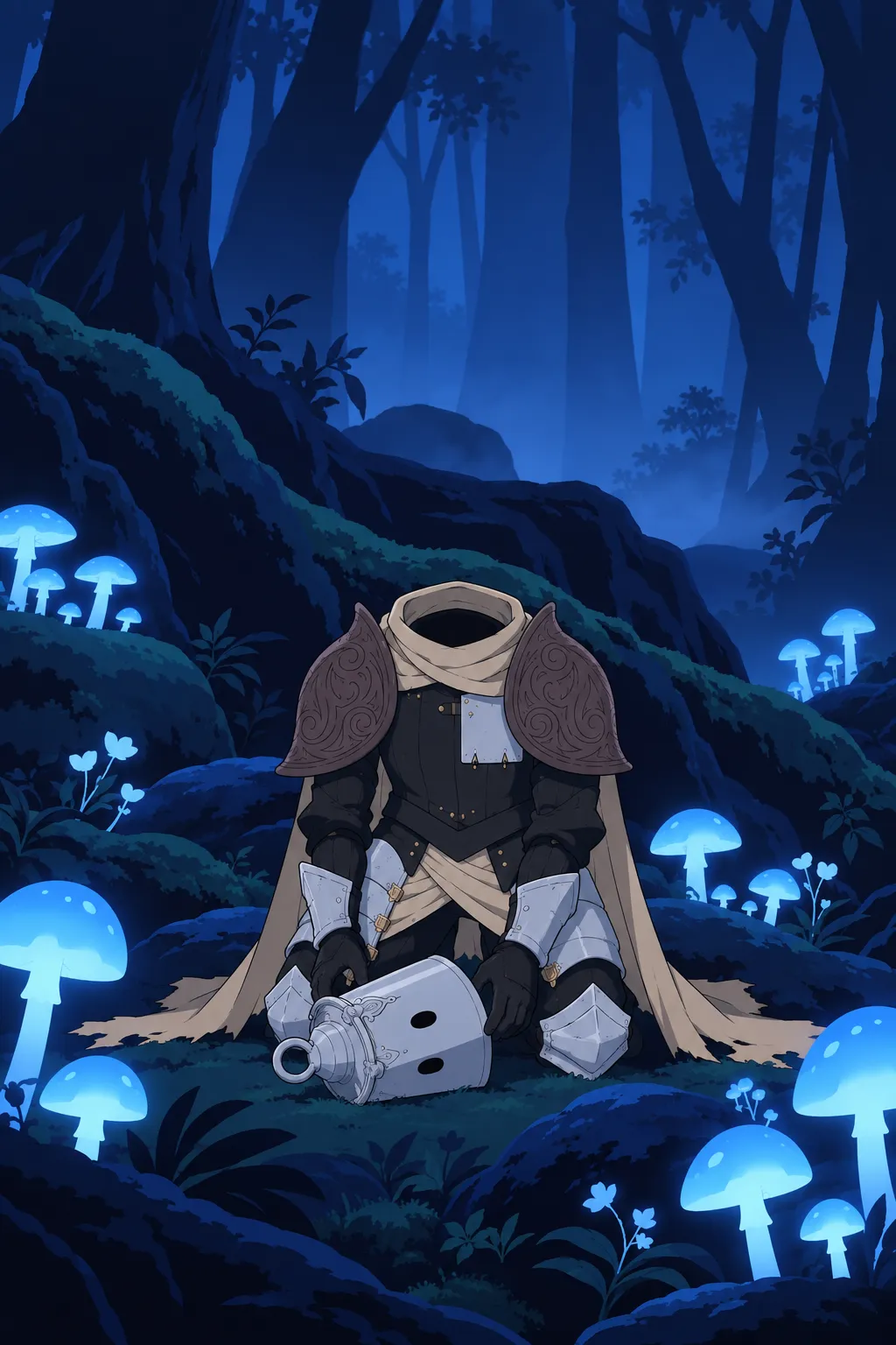Medium shot of Lanterne kneeling motionless among glowing blue mushrooms and giant roots, headless, arms drawn close to his body.