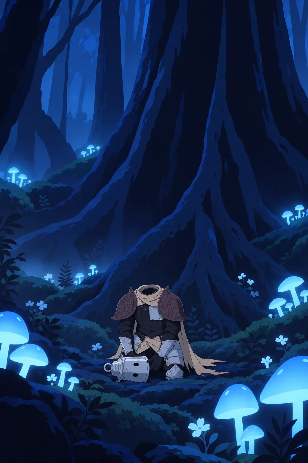 Wide shot of Lanterne's whole small body kneeling among the giant roots and glowing mushrooms, headless, arms drawn close.