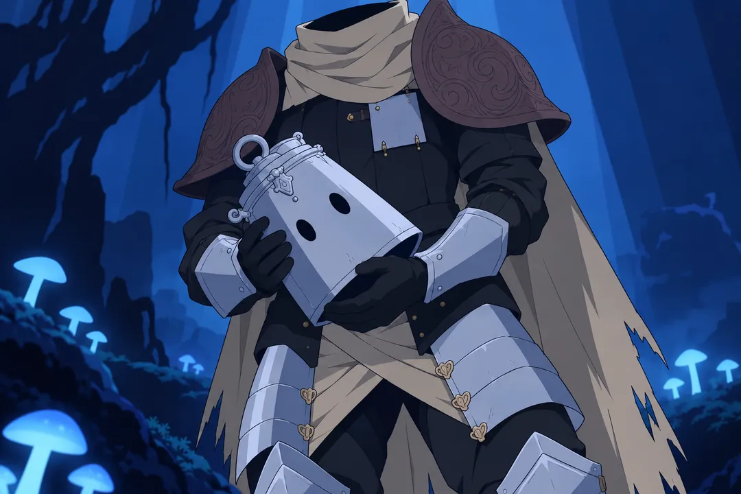 Low framing on Lanterne's hips and hands, the pale grey-ivory cylindrical helmet held clearly in his gauntlet, its shape readable.