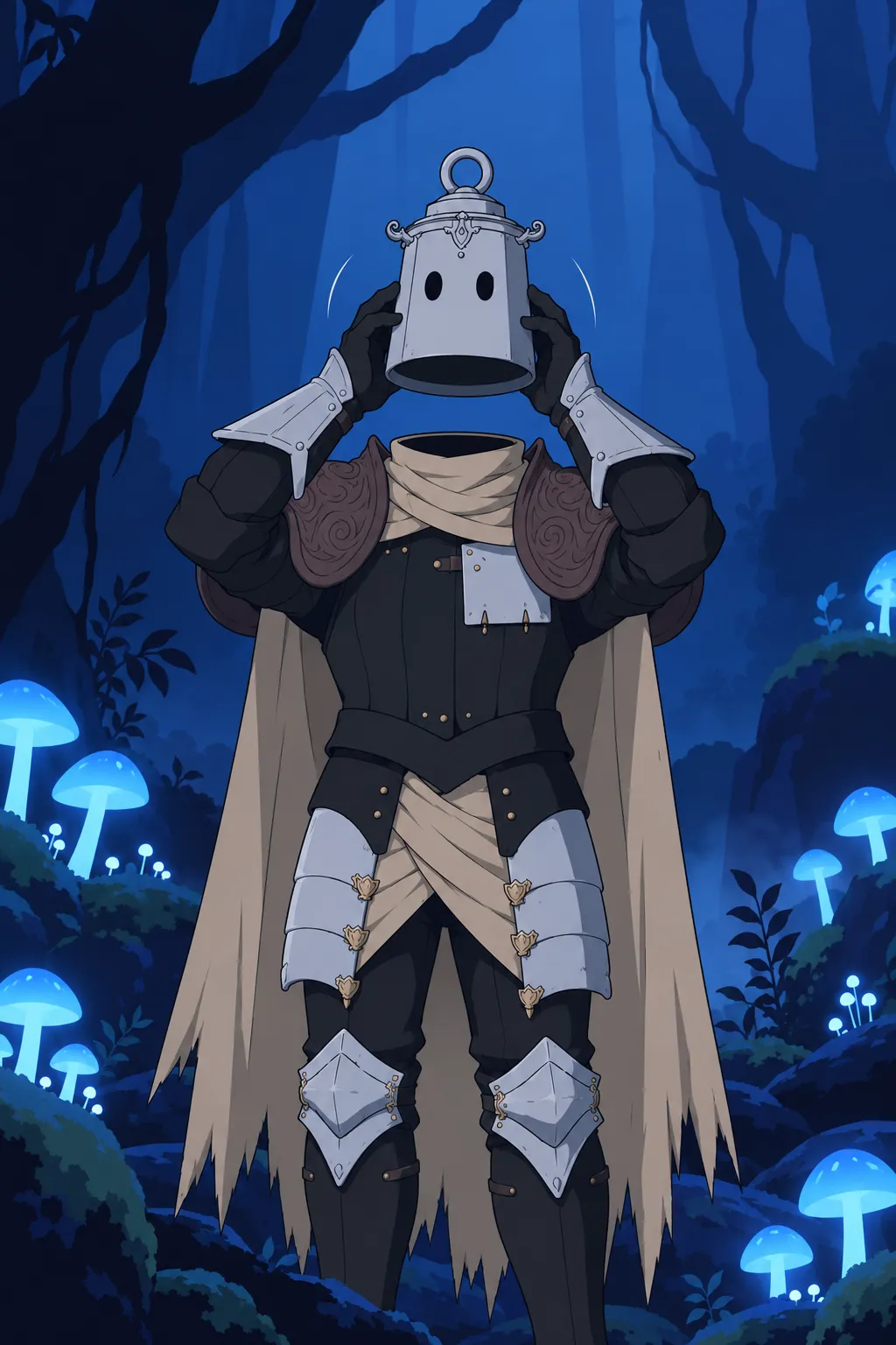 Medium shot of Lanterne, both gauntlets raising the pale grey-ivory helmet up above his shoulders toward his open neck, headless.