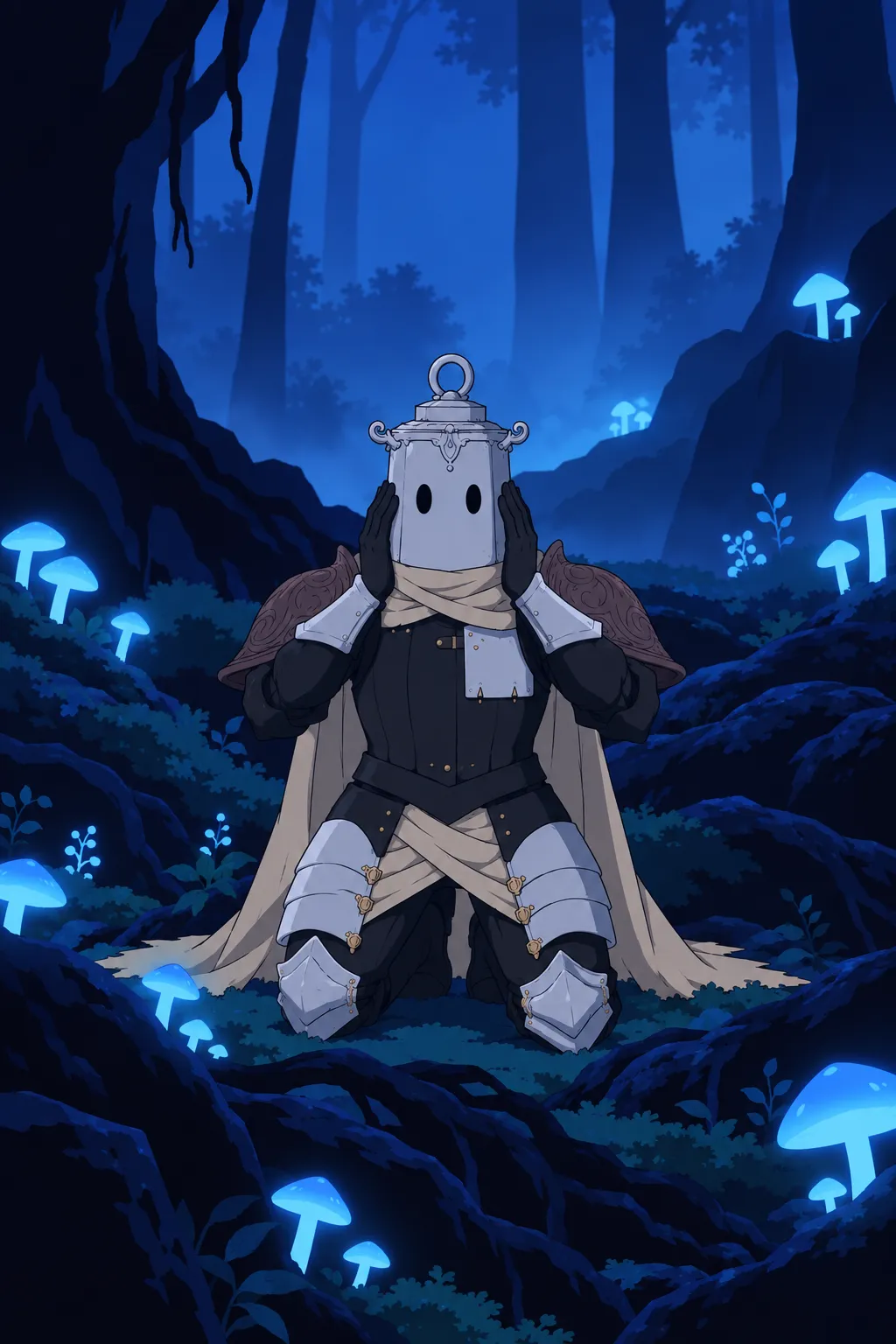 Medium shot of Lanterne kneeling among roots and glowing mushrooms, the helmet now settled back in place on his head.