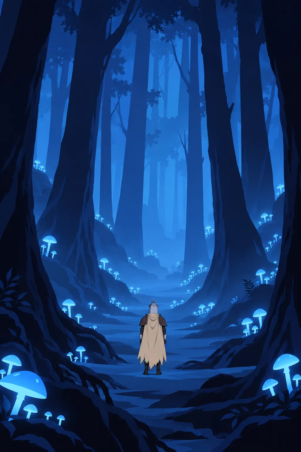 Very tall wide shot from behind, Lanterne standing small amid an endless glowing blue forest of black trunks.