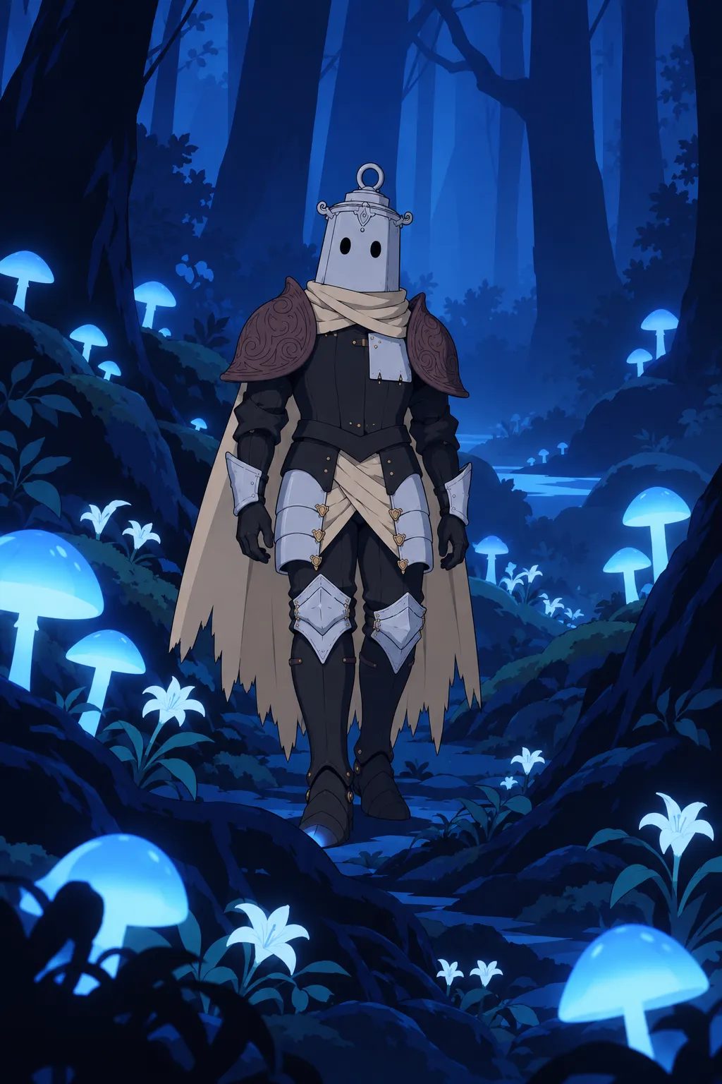Medium shot of Lanterne standing among glowing mushrooms and white flowers, facing forward, having paused mid-walk in the vast forest.