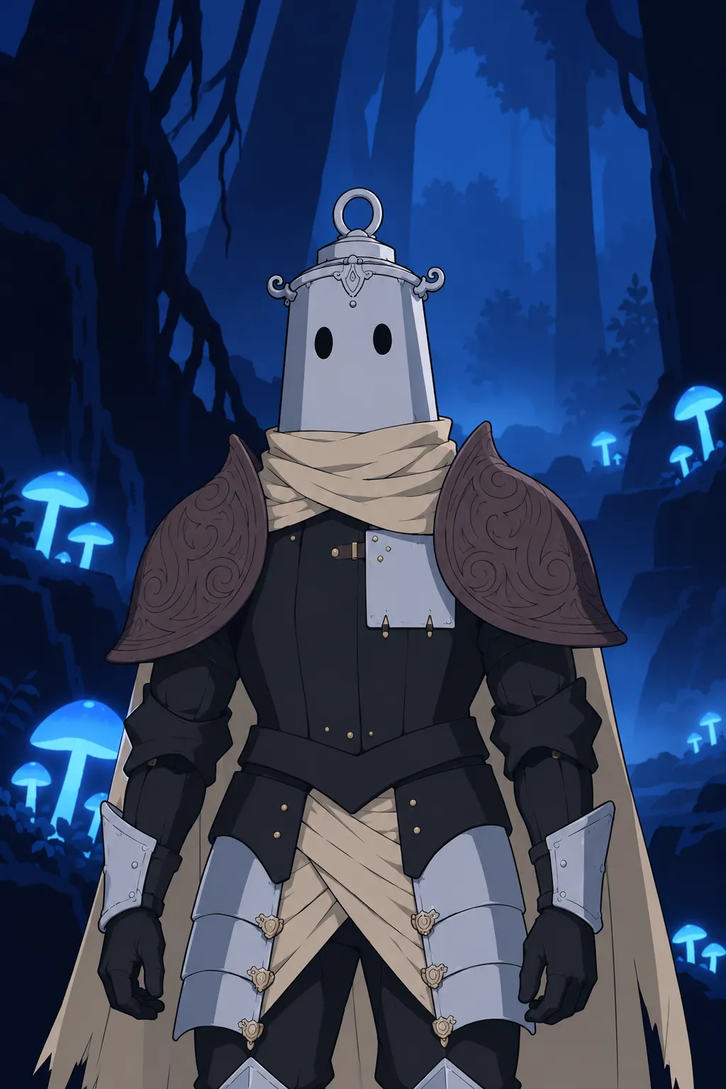 Close medium shot of Lanterne standing motionless, helmet tilted slightly as if listening.