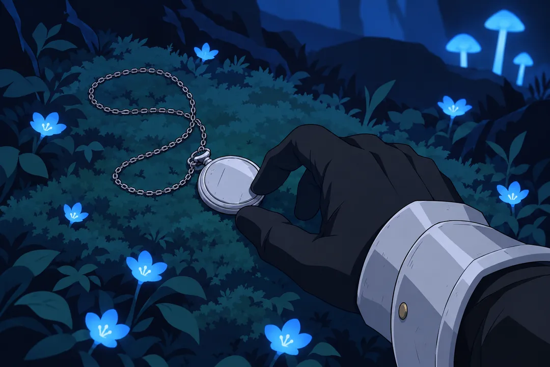 Close view of the forest floor: the small silver pendant lies closed on the moss among tiny blue flowers, its chain coiled beside it.