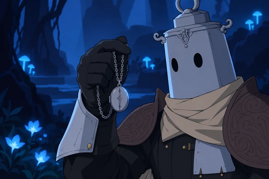 Close-up on the gloved hand holding the closed silver pendant up by its chain, the metal catching a faint cold blue glow from the forest.