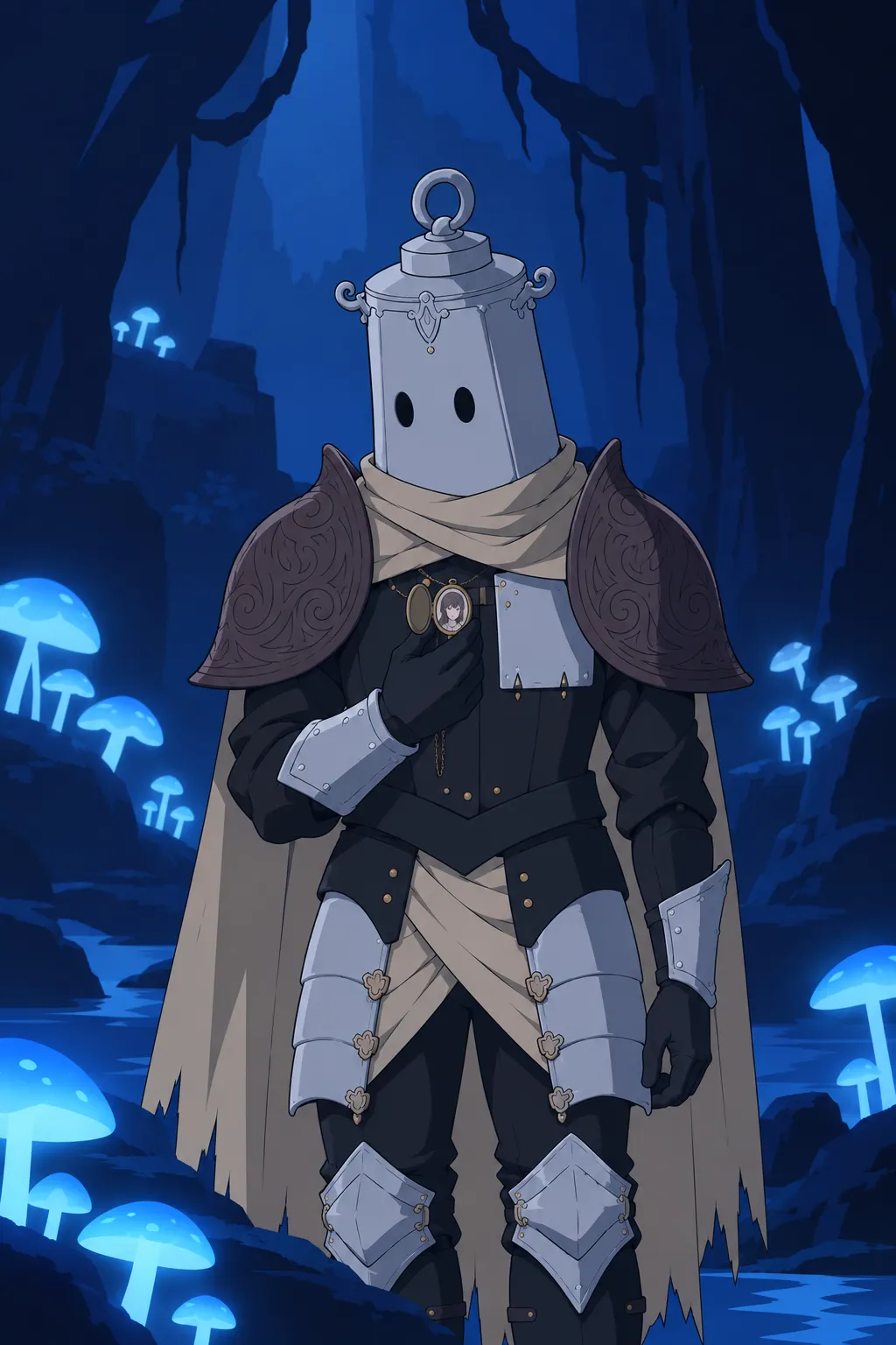Medium shot of Lanterne standing among the glowing mushrooms, helmet on.
