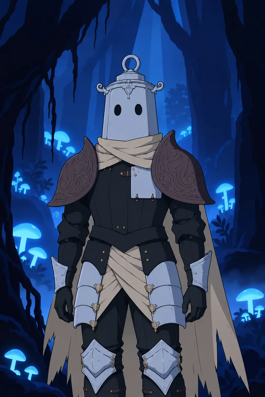 Medium close shot of Lanterne standing among the black trunks and glowing mushrooms, facing the camera, cream scarf loose at his neck.