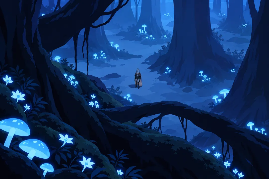 Wide shot of the impossible blue forest, colossal roots forming natural arches in the foreground, glowing flowers scattered in the moss.