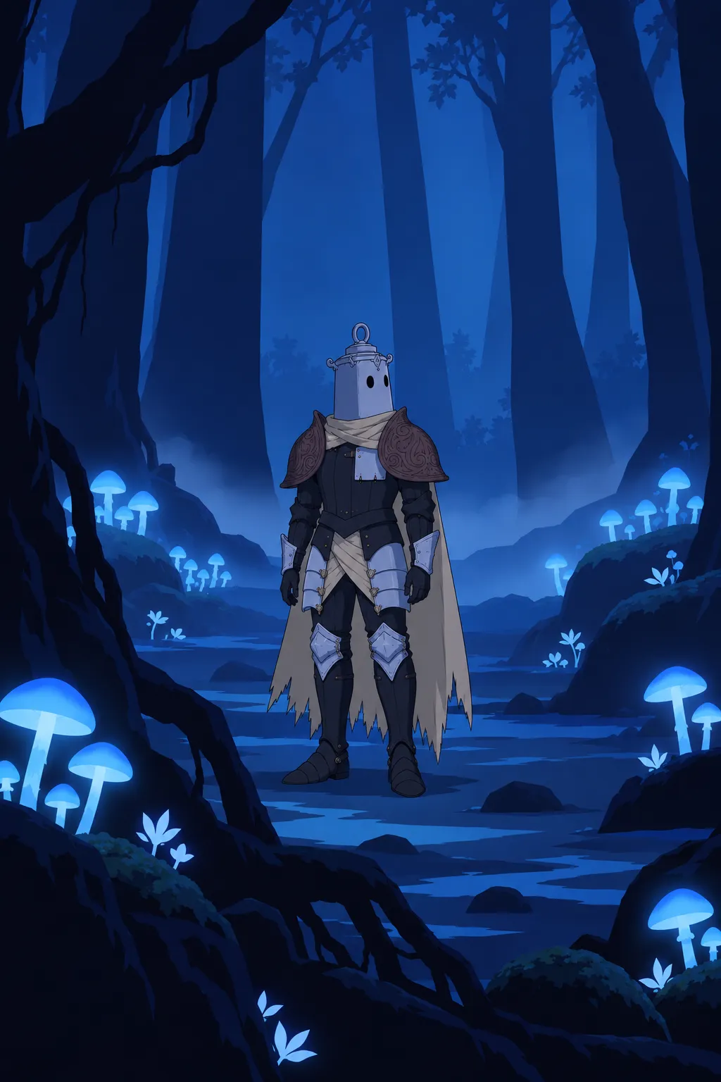 Wide shot of Lanterne standing still amid the mushroom-lit grove, his head turned slightly as if listening to a sound in the mist.