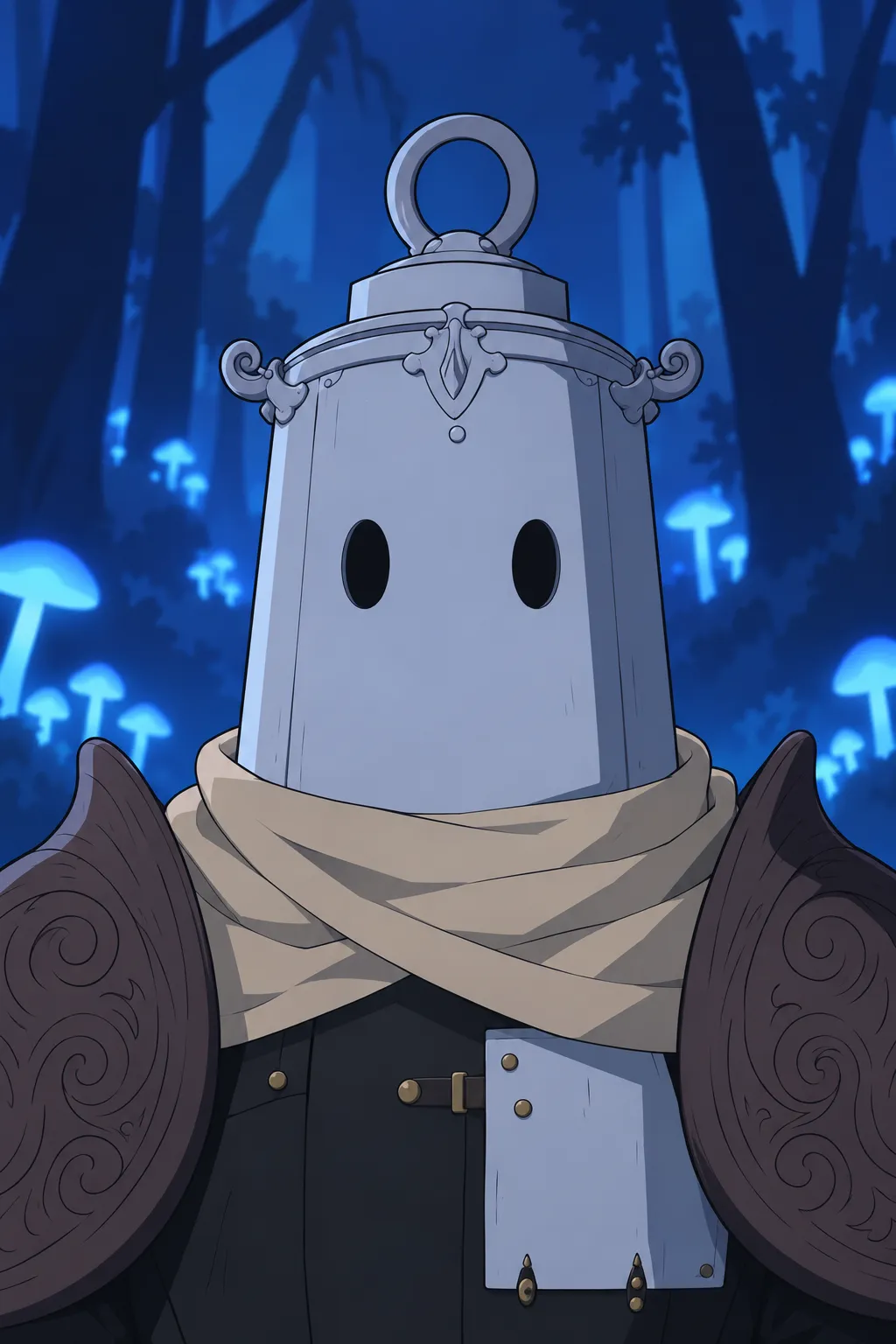 Close-up on Lanterne's helmet, blank oval eyes fixed forward, the blurred blue forest glowing behind him.