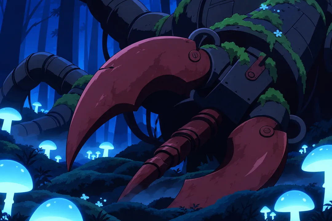 A colossal dark red pincer claw looms half hidden between glowing mushrooms and black trunks, its riveted joint mossy.