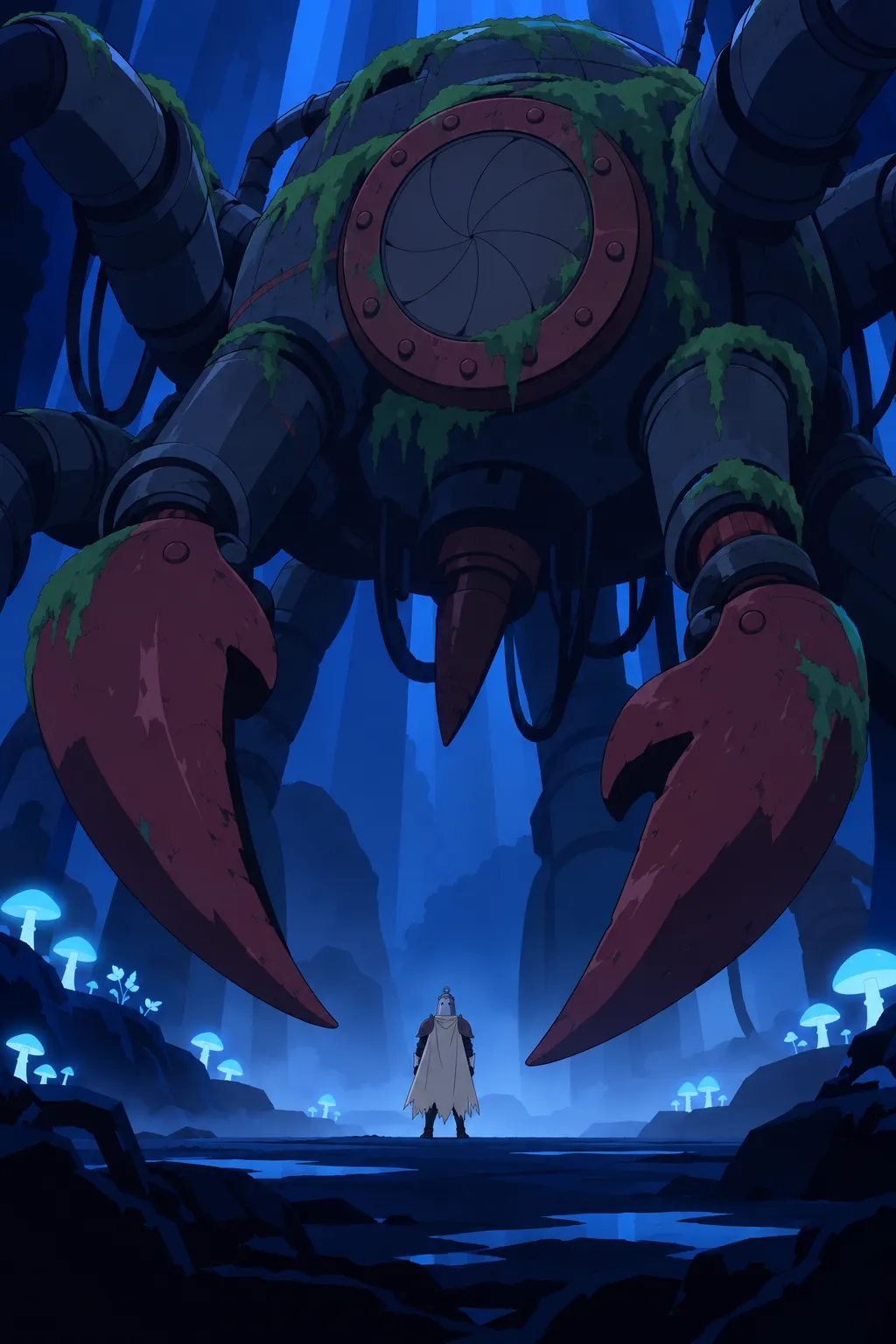Full reveal, low angle: the colossal alien-machine towers over Lanterne.