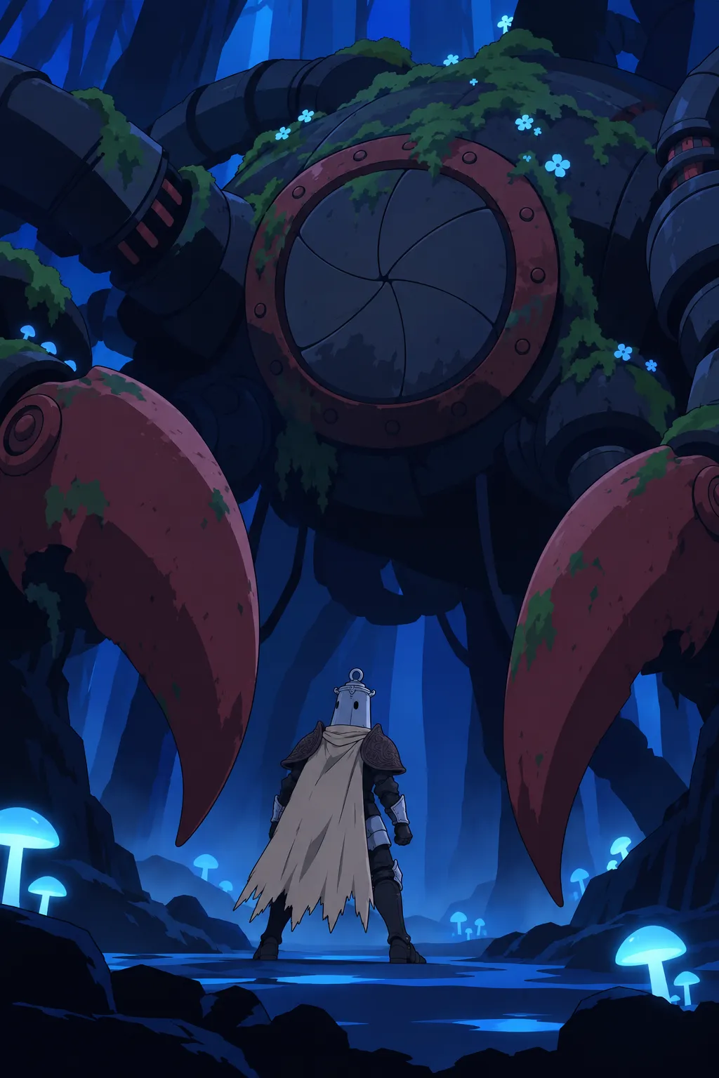 Medium shot from behind Lanterne, his small silhouette rigid, body slightly turned toward the towering machine.