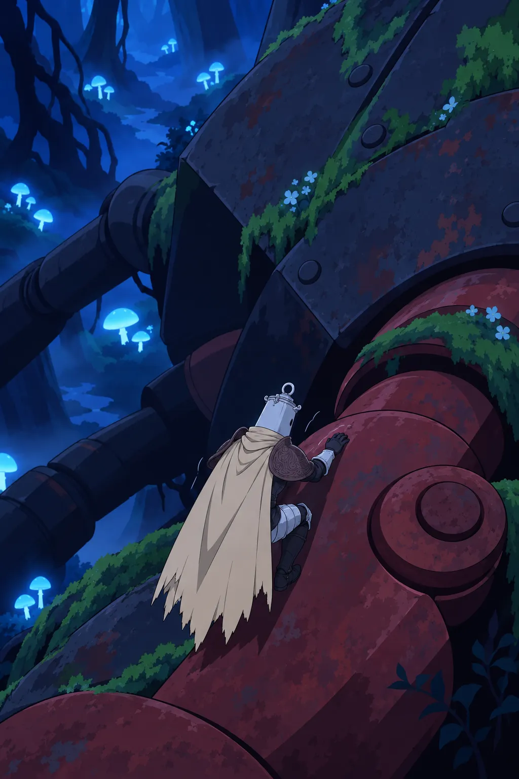 A fragment glimpsed first: large rusted dark metal segments and a red mechanical joint of the machine's shell fill the foreground.
