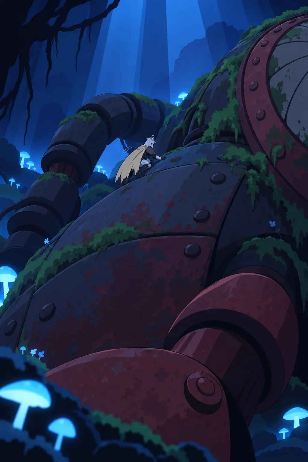 Wide low-angle reveal: the machine's colossal mossy rusted back stretches across the whole frame.