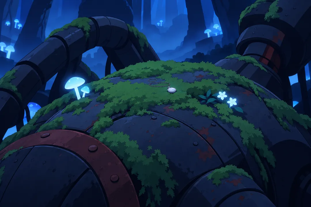 Atmosphere panel: the moss-covered rusted back of the alien machine, two glowing blue mushrooms and a small blue flower growing on it.
