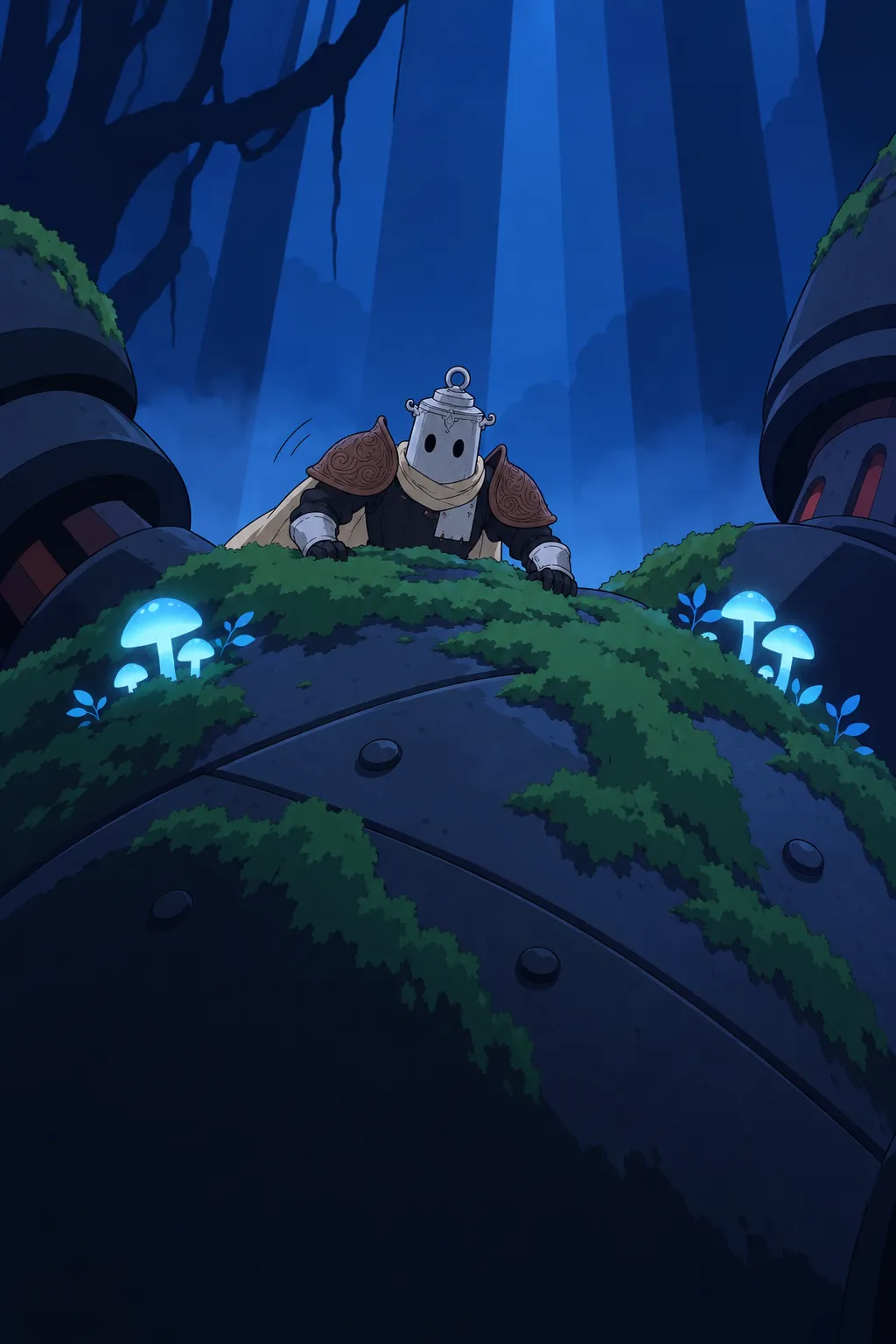 Lanterne peers over the mossy curve of the machine's colossal back, gauntlets pressed flat on the surface.