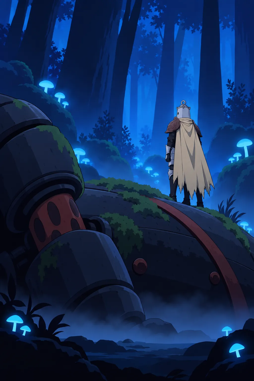 Lanterne stands still facing away on the mossy curve, the massive dark segmented leg with its red-brown joint low and dormant beside him.