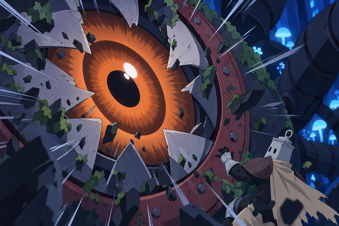 The petal shutter snaps violently open, revealing an enormous orange-brown eye with a black pupil staring outward.