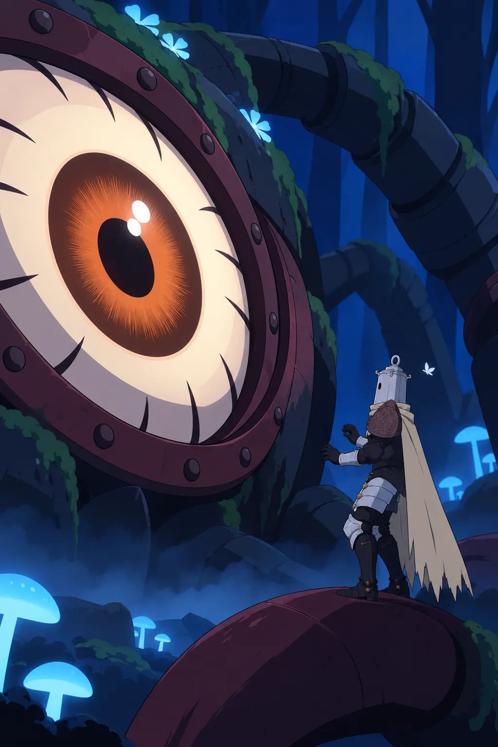 Lanterne stands rigid on the shell, gauntlets half raised, staring sideways at the colossal eye now fixed on him.
