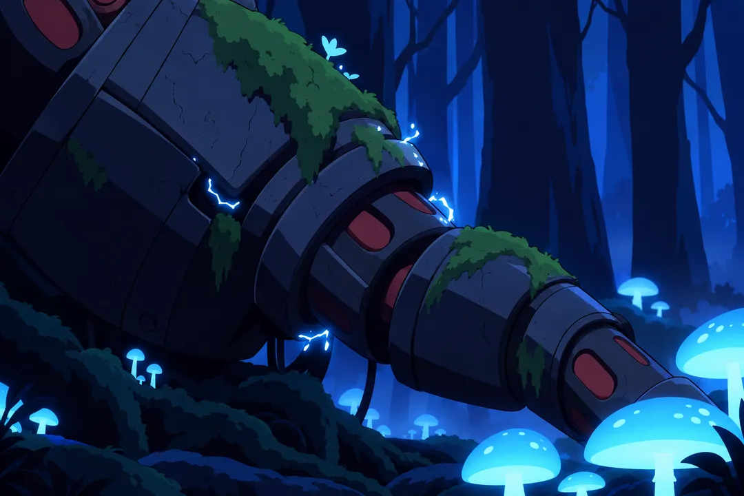 Close view of the machine's mossy metal body with one segmented leg extending across the frame.