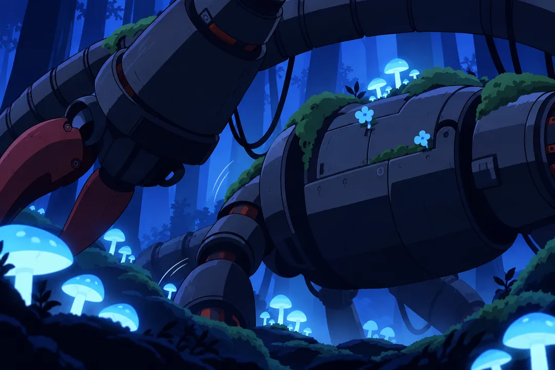 Close view of the machine's jointed legs curling together, moss-covered mushrooms glowing around the base.