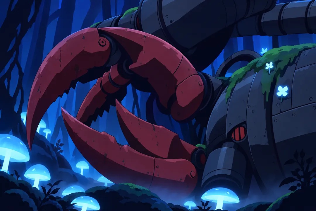 Close view of a huge dark red pincer claw folded near the machine's mossy body, its serrated edge catching the cold light.