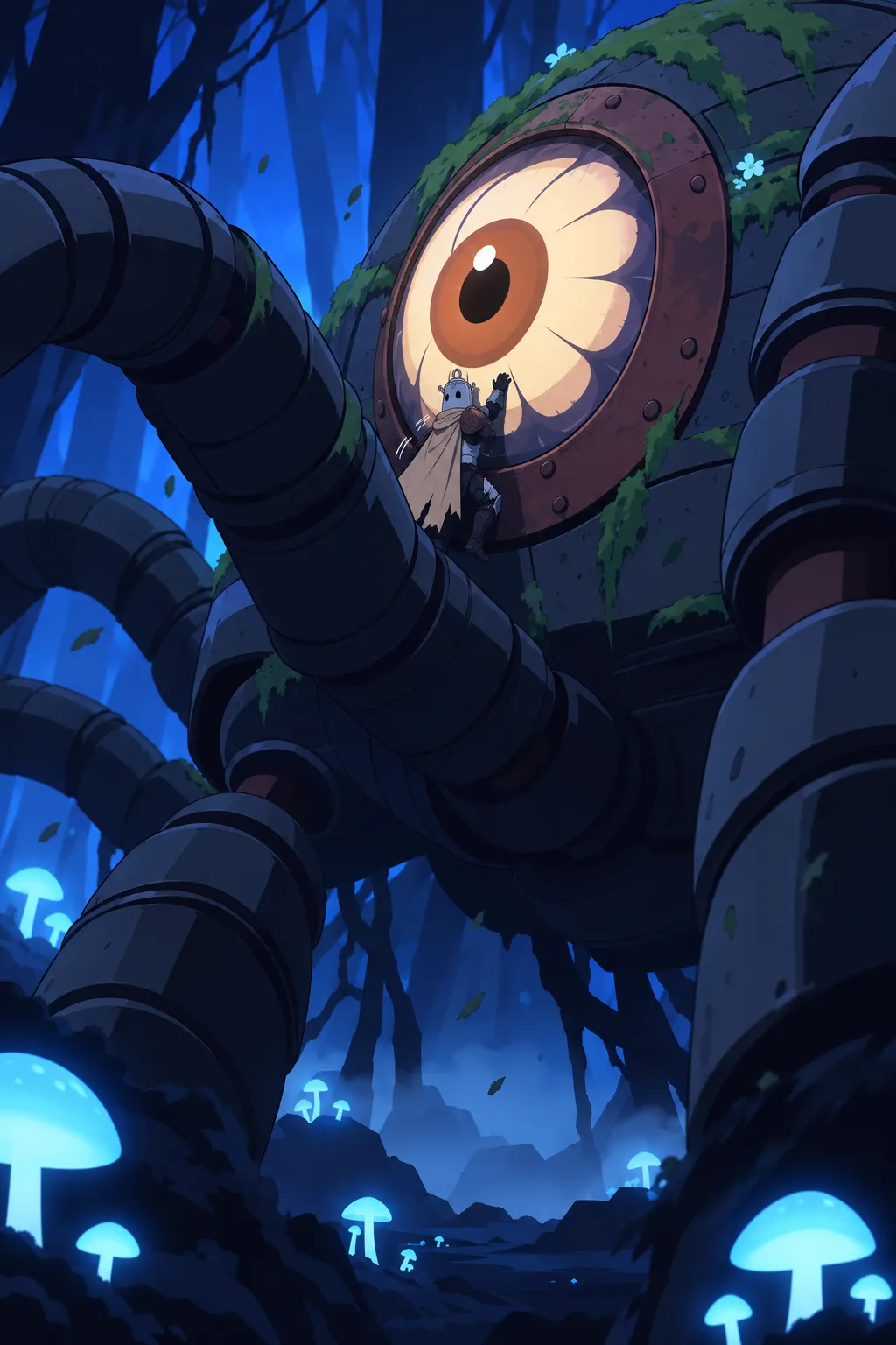 Lanterne clings small on the machine's plated body near its huge open eye, one hand reaching.