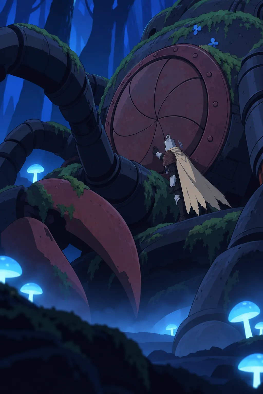 Lanterne, tiny and pale, leans over the machine's colossal mossy body, one gloved hand reaching toward the closed petal-shaped lens.