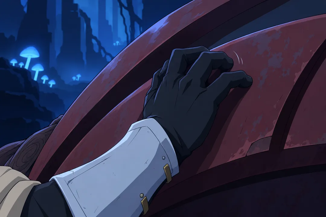 Same close framing, Lanterne's fingers curl slightly on the dark red rim as he prepares a second tap.