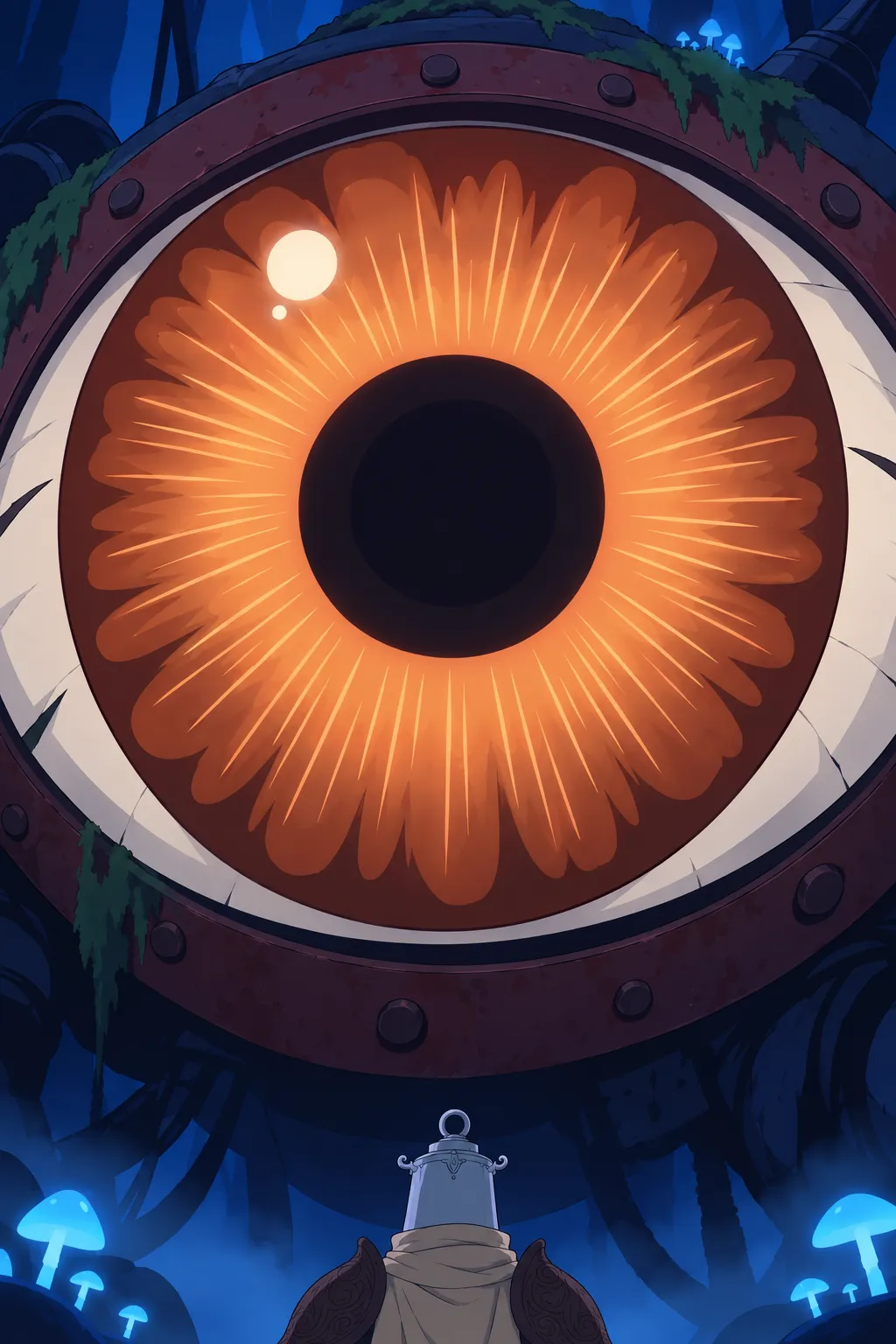 The colossal orange-brown eye with black pupil fills the frame, Lanterne's small pale helmet barely visible at the very bottom edge.