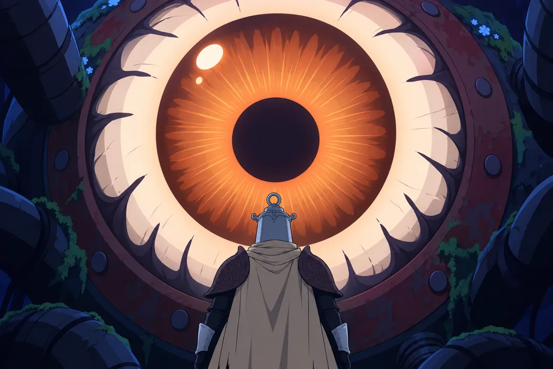 The same colossal eye fills the frame, held an instant longer, the dark limbs at the edges beginning an almost imperceptible tension.