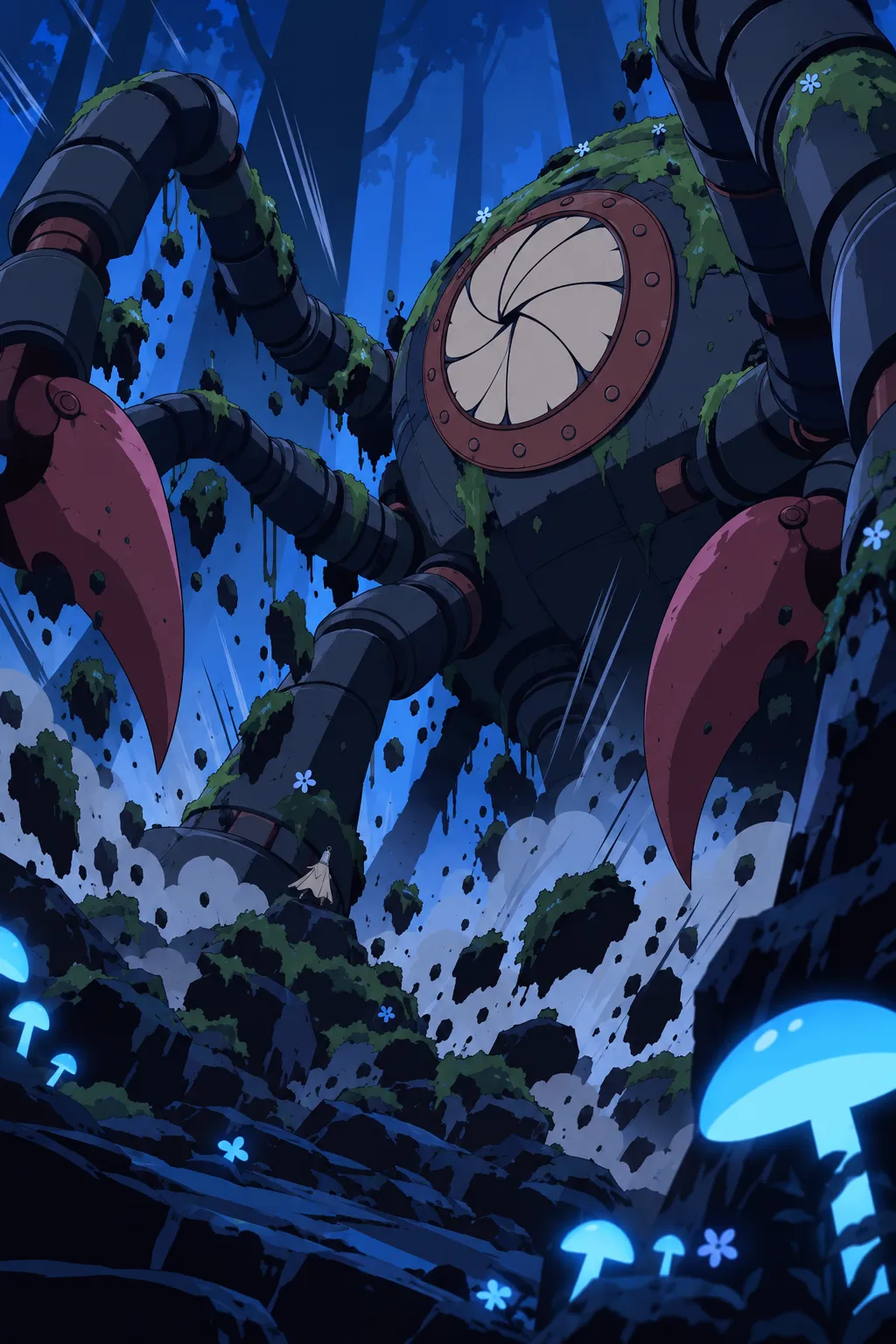 The thick segmented limbs around the machine's body wrench and unfold from the mossy ground, clumps of dirt.