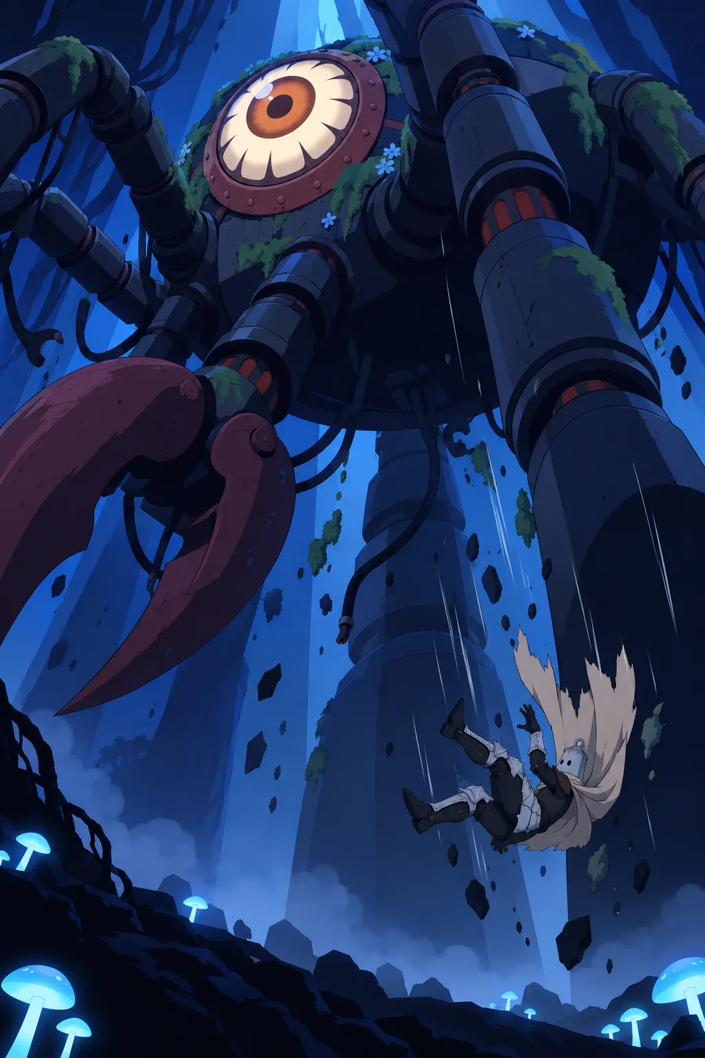 The machine now towers to its full colossal height, legs planted and raised high, its eye and ridged mouth-rim glowing above.