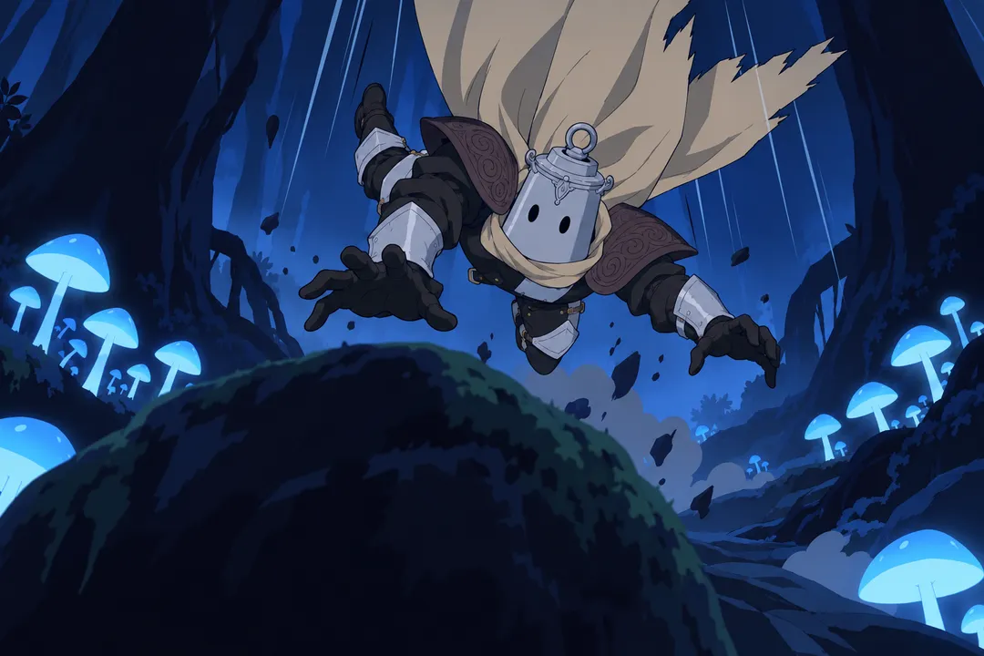 Low angle on the mossy path lined with glowing blue mushrooms and dark trunks, a large boulder looming in the foreground.