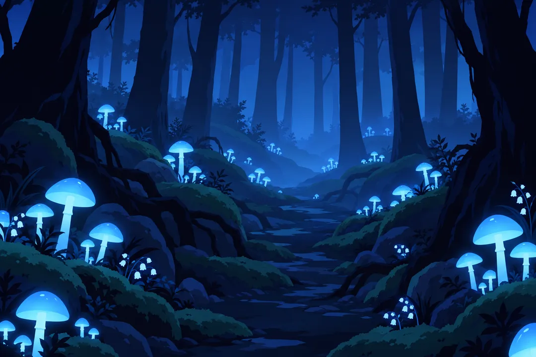 An empty wide view of the mossy forest floor covered in glowing blue mushrooms of many sizes, roots winding through the ground.